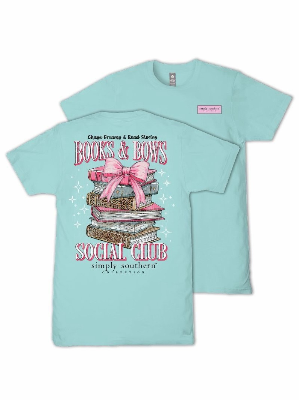 Simply Southern Aqua Kids 'Books & Bows' Graphic Tee with Pink Bow